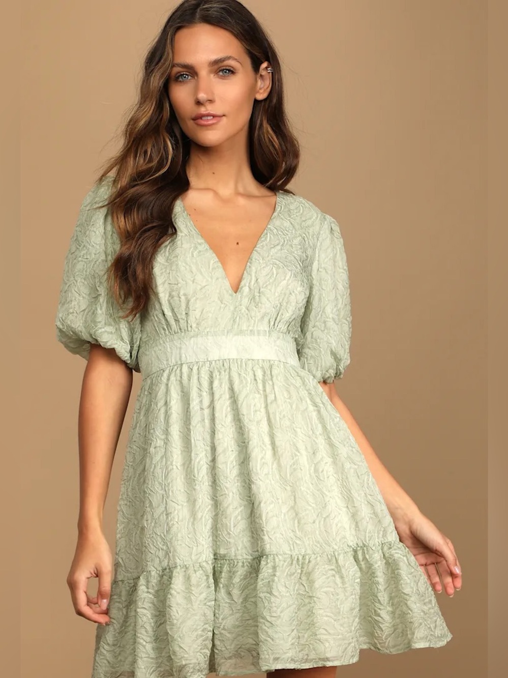 🆕💚Lulus Romantic Waltz Sage Green Organza Puff Sleeve Mini Dress Large NWT